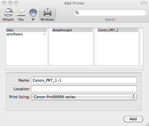 Mac OS/X Add Printer Dialog - Canon Pixma Pro9000 Mark II